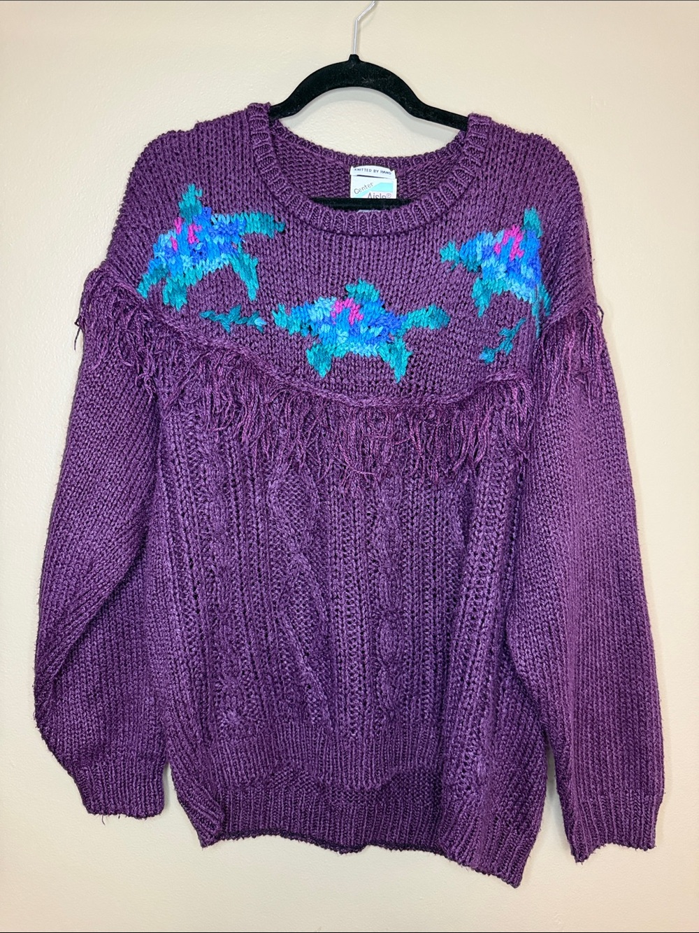 Hand Knit Vintage Purple Fringe Cable Knit Sweater with Teal Accent Sea Turtles